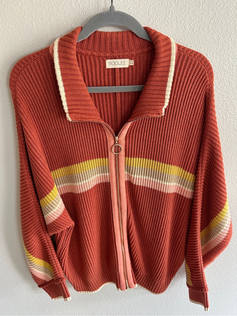 Roolee Zip-Front Knit Cardigan Rust with Collar Women's Large
